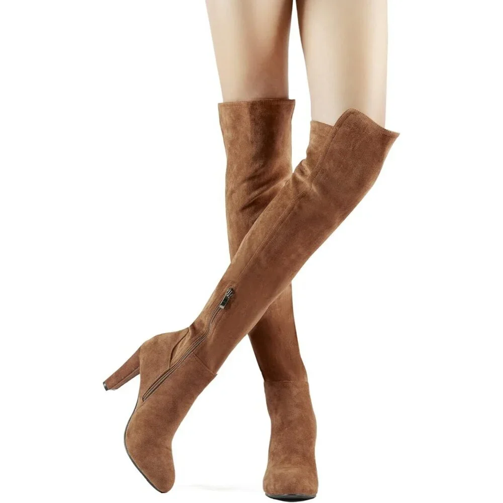 Women Dark Brown Faux Suede Chunky Heel Stretch Over The Knee Thigh High Boot